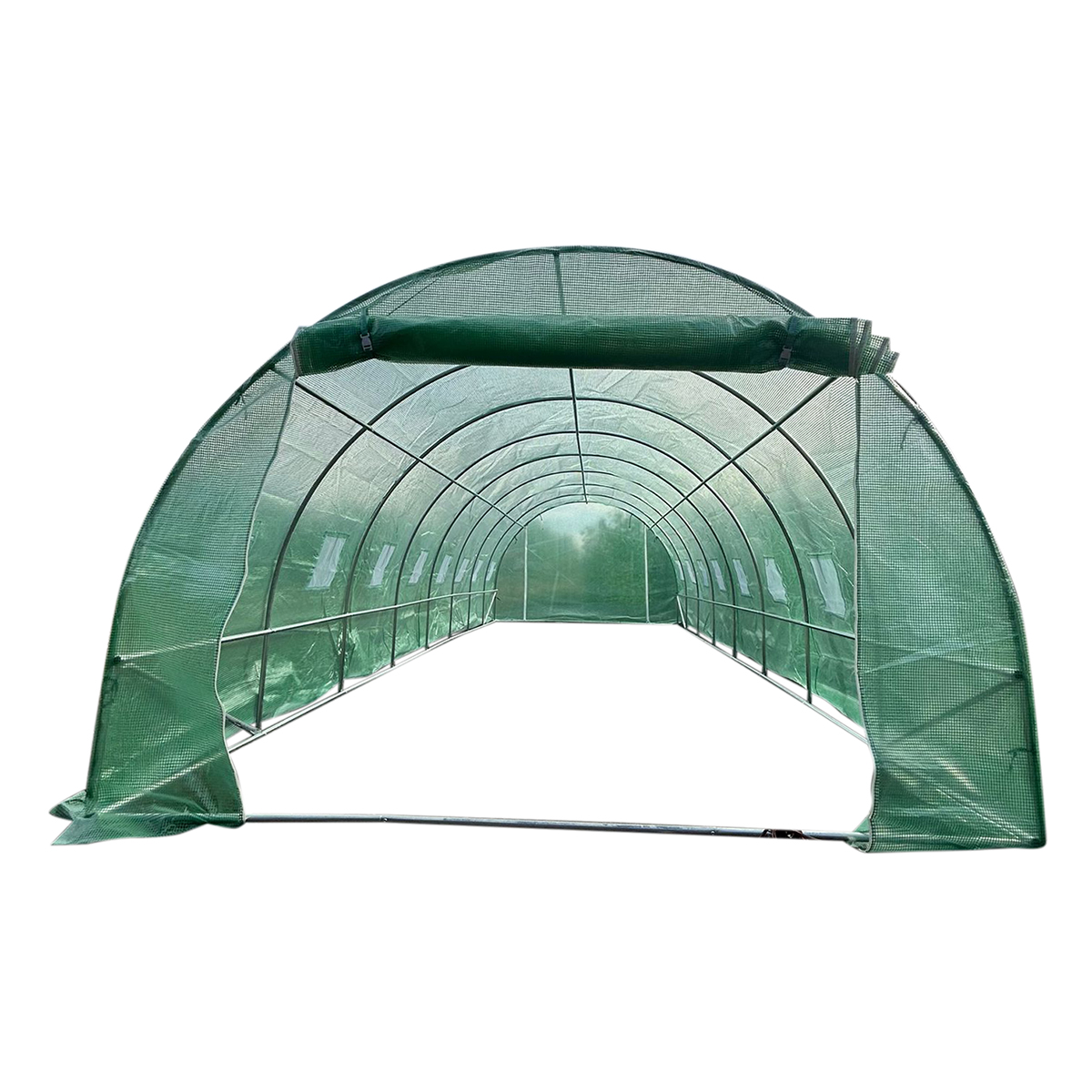 Solar de gradina 1200x300x200 cm cu sistem irigare, folie PE verde cu plasa 140 g/mp UV, structura TEAVA OTEL GALVANIZAT 25 mm, grosime 0.7 mm, 24 ferestre cu plasa anti-insecte, 2 usi, 12 camere
