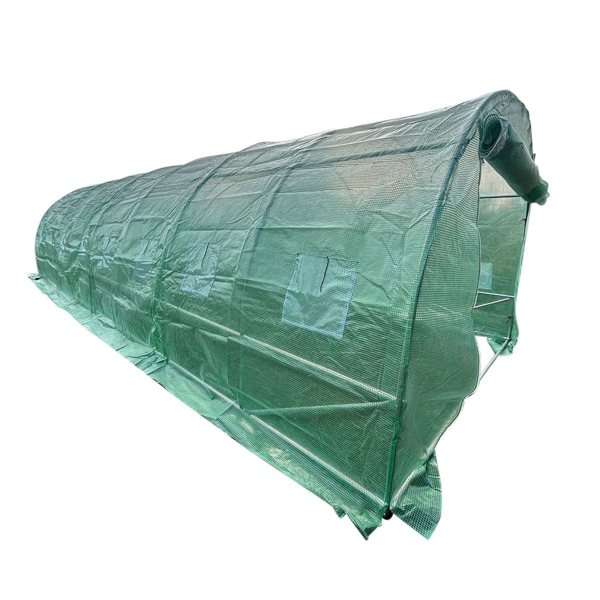 Solar de gradina 1200x300x200 cm cu sistem irigare, folie PE verde cu plasa 140 g/mp UV, structura TEAVA OTEL GALVANIZAT 25 mm, grosime 0.7 mm, 24 ferestre cu plasa anti-insecte, 2 usi, 12 camere