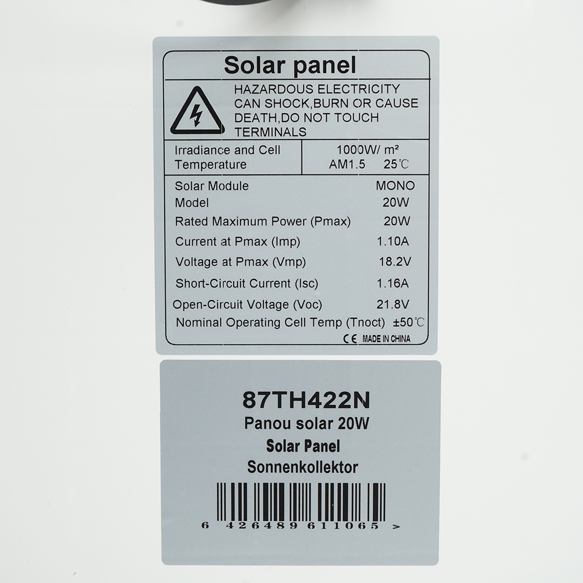 Panou solar 20W fotovoltaic monocristalin 400x300x17mm THOR