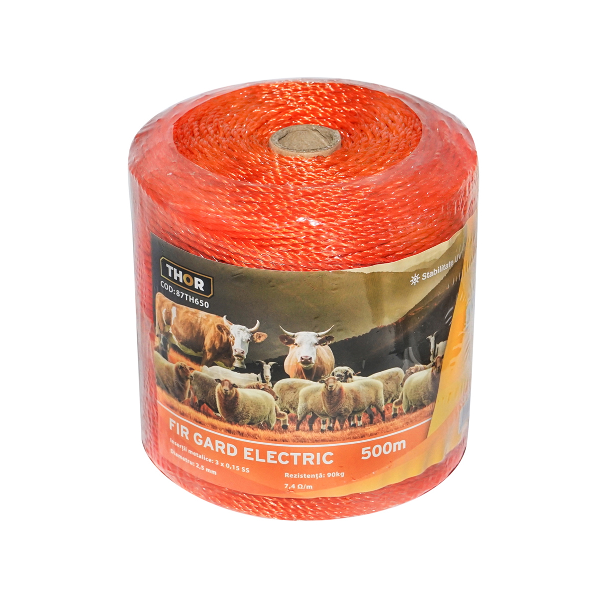 Rola fir portocaliu gard electric Thor, 500m, 2.5mm, insertie metalica 3x0.15mm SS, rezistenta 7.4 Ohm/m, rezistenta la rupere 90 Kg