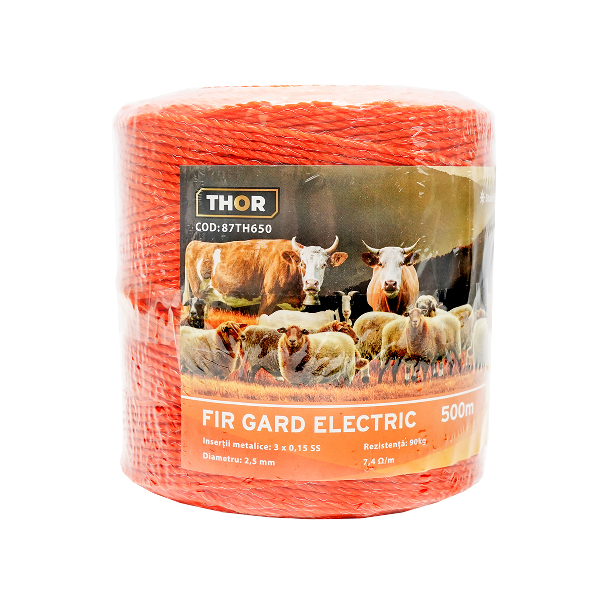 Rola fir portocaliu gard electric Thor, 500m, 2.5mm, insertie metalica 3x0.15mm SS, rezistenta 7.4 Ohm/m, rezistenta la rupere 90 Kg