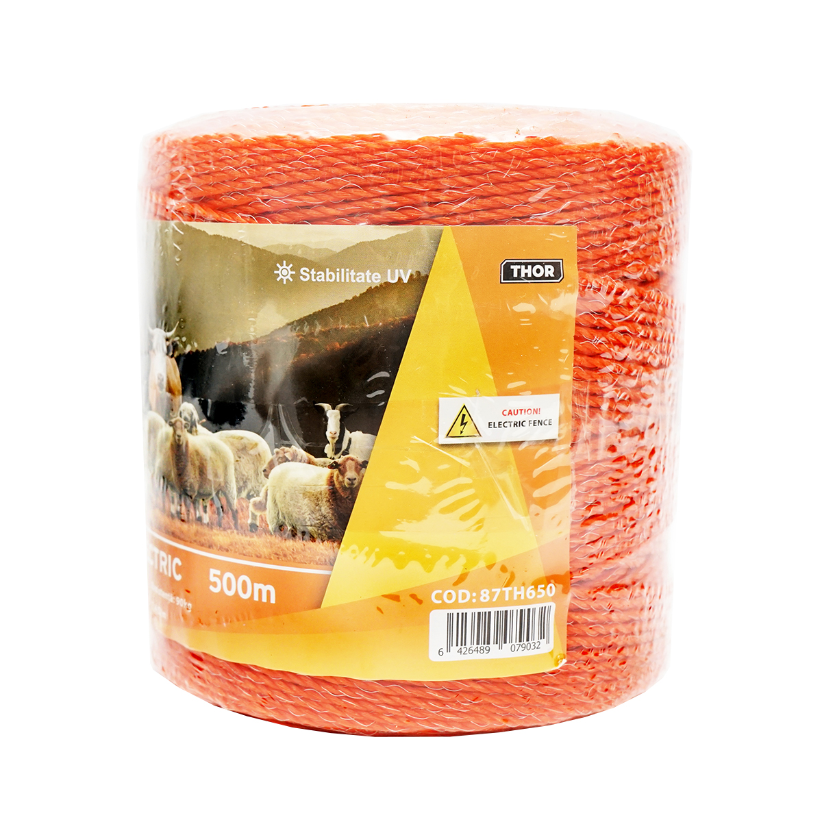 Rola fir portocaliu gard electric Thor, 500m, 2.5mm, insertie metalica 3x0.15mm SS, rezistenta 7.4 Ohm/m, rezistenta la rupere 90 Kg