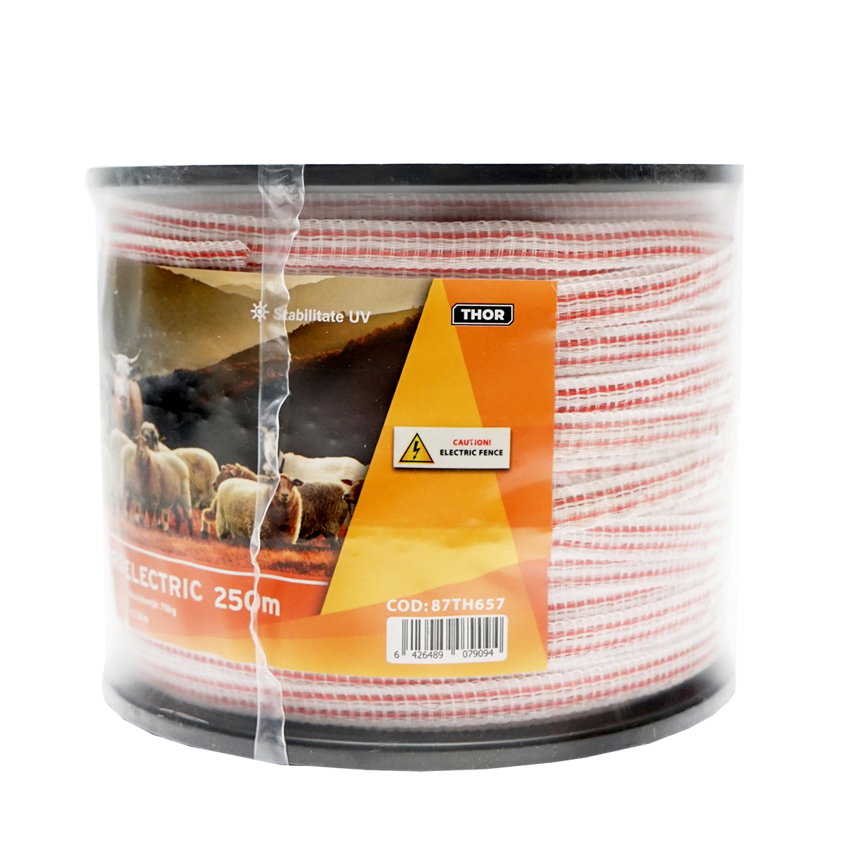 Rola banda rosu-alb 10 mm cu insertie metalica 4x0.16 mm SS, rezistenta 13 Ohm/m, rezistenta la rupere 70 kg, 250 m - gard electric Thor