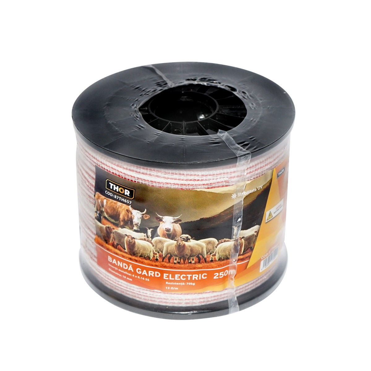 Rola banda rosu-alb 10 mm cu insertie metalica 4x0.16 mm SS, rezistenta 13 Ohm/m, rezistenta la rupere 70 kg, 250 m - gard electric Thor