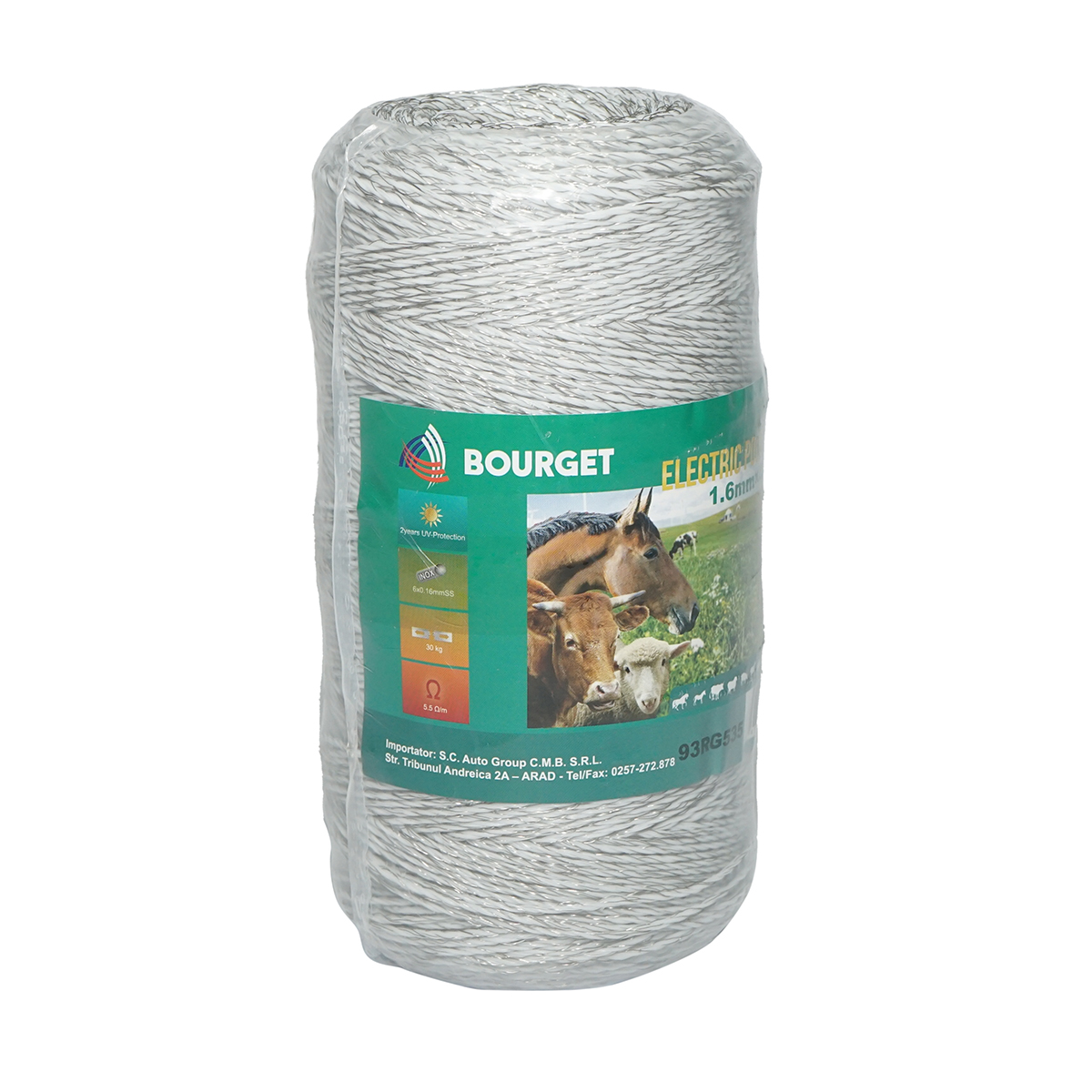 Rola fir alb gard electric 400 m, diametru 1.6 mm, insertii metalice 6 x 0.16 mm SS, rezistenta 5.5 Ohm/m, rezistenta la rupere 30 Kg, greutate 0.87 Kg Bourget