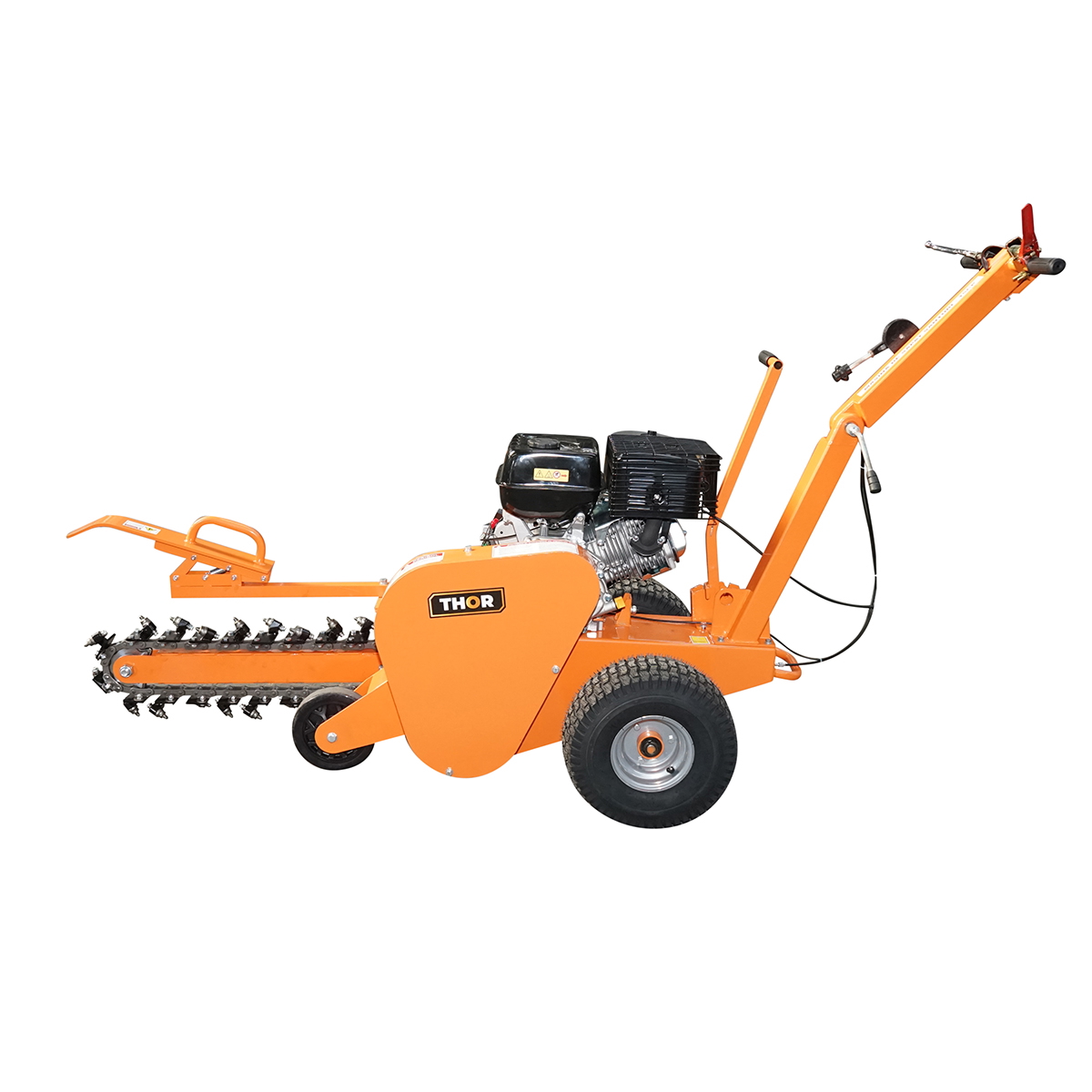 Masina de sapat santuri Thor 15 CP, motor termic 4 timpi 420 cc, latime sant 100 mm, adancime reglabila 200/450/600 mm, 60 m/h, lama 27 dinti, lant 2000 mm, pornire manuala, 198/215 kg