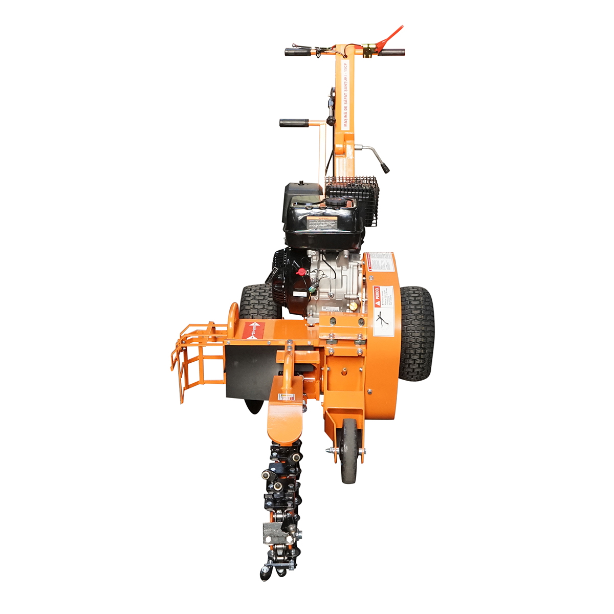 Masina de sapat santuri Thor 15 CP, motor termic 4 timpi 420 cc, latime sant 100 mm, adancime reglabila 200/450/600 mm, 60 m/h, lama 27 dinti, lant 2000 mm, pornire manuala, 198/215 kg