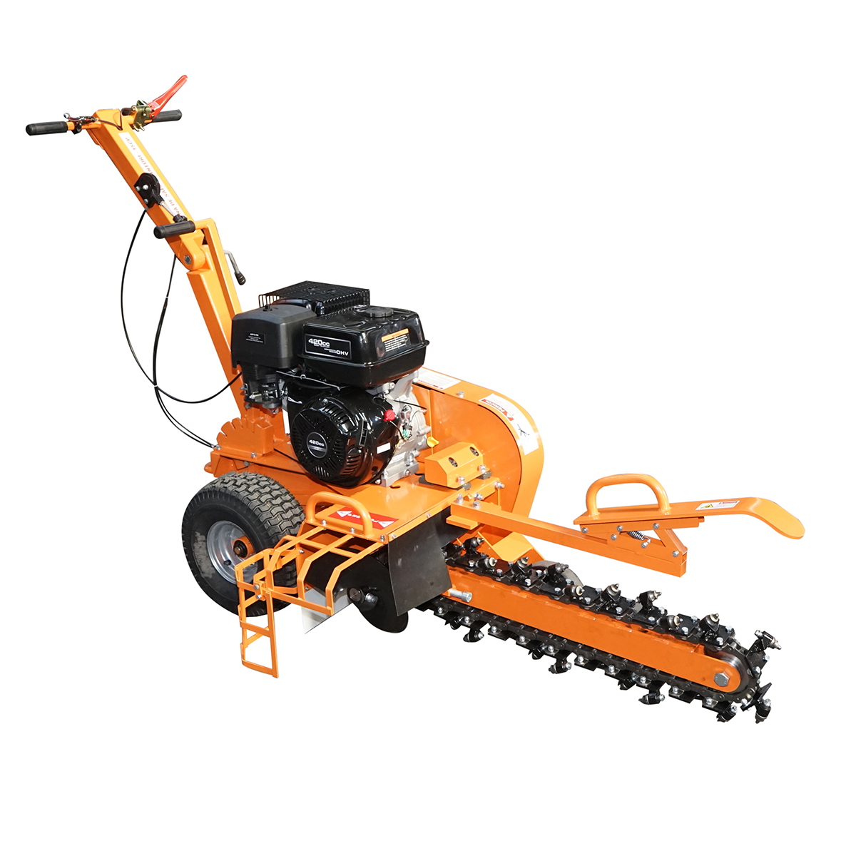 Masina de sapat santuri Thor 15 CP, motor termic 4 timpi 420 cc, latime sant 100 mm, adancime reglabila 200/450/600 mm, 60 m/h, lama 27 dinti, lant 2000 mm, pornire manuala, 198/215 kg