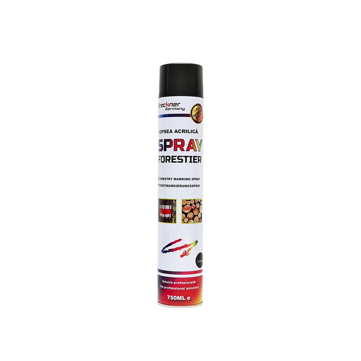 Vopsea spray marcaj forestier negru 750ml Breckner Germany, acrilica ecologica fara xilen si plumb, pentru marcarea copacilor si trasarea liniilor interior/exterior