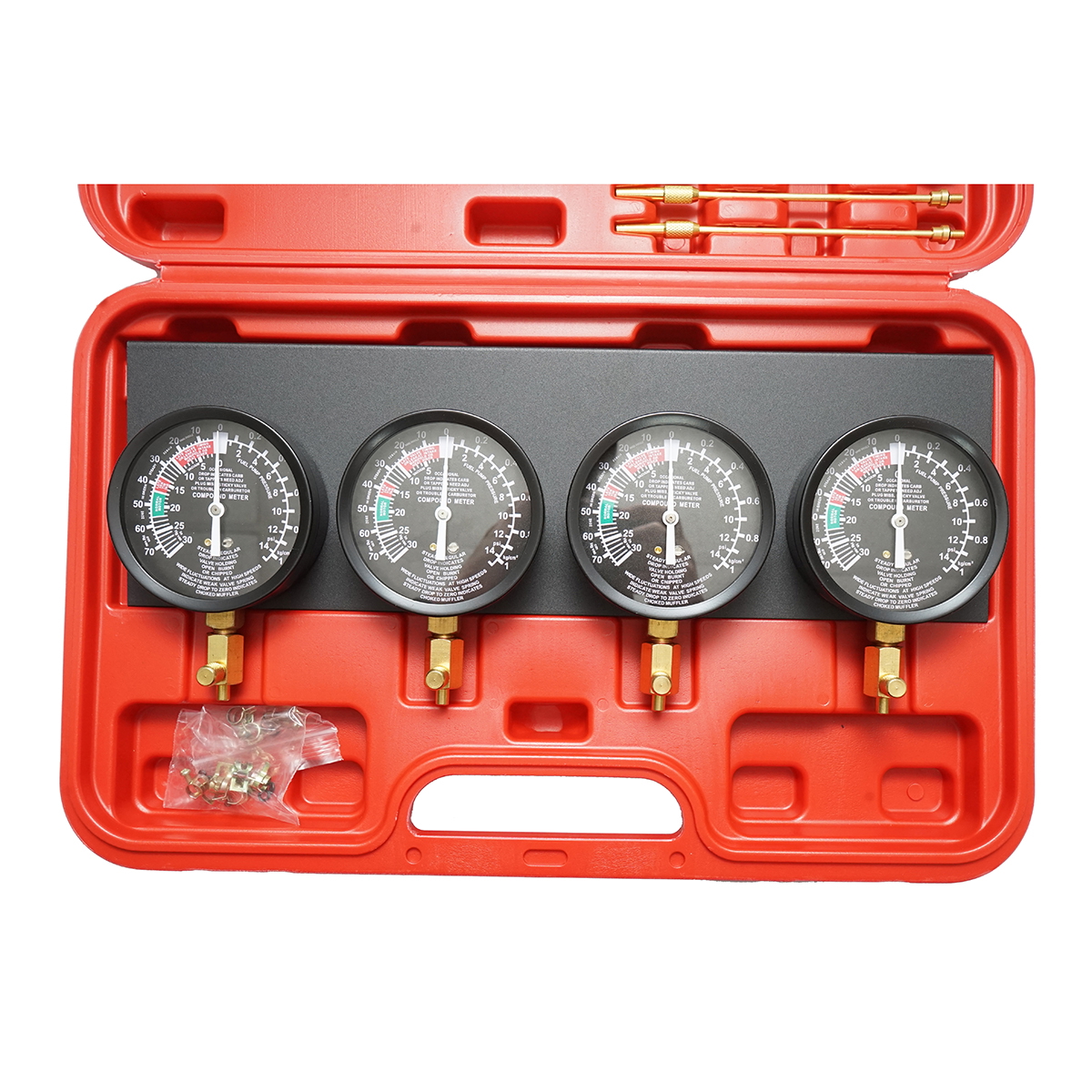 Trusa sincronizare injectie/carburatoare Breckner Germany, 4 manometre analogice vacuum, furtunuri 8x5x750 mm, conectori M6x0.75 si M6x1.00, extensii 3.9x52 mm si 3.9x122 mm