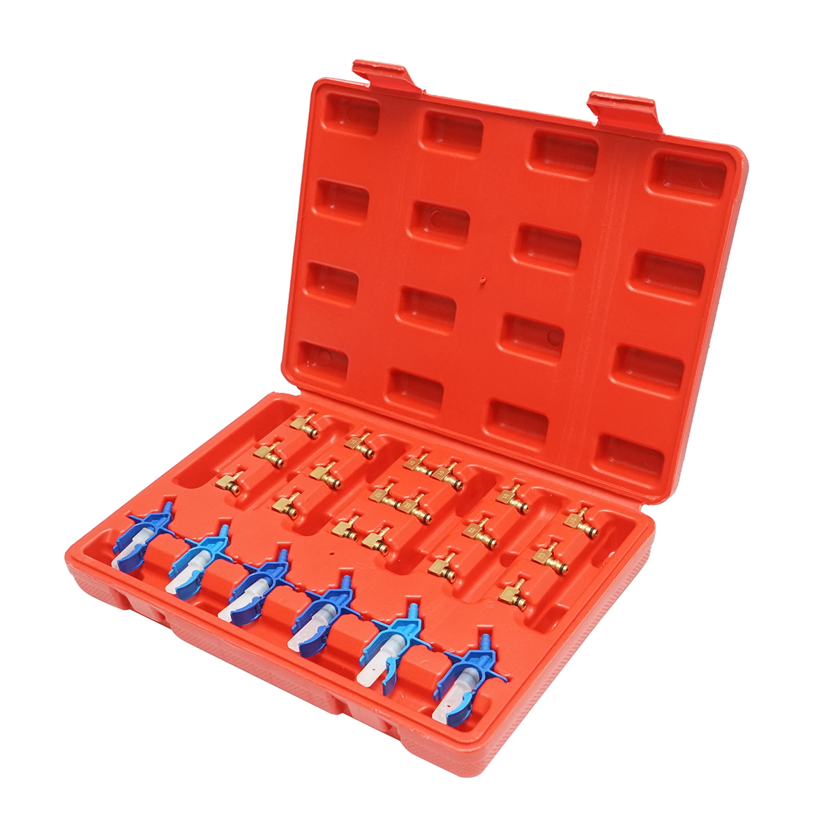 Trusa adaptoare testare, curatare si diagnosticare injectoare benzina MPI 24 piese Breckner Germany, conectori rapizi din alama, adaptoare universale cu clipsuri, in trusa plastic