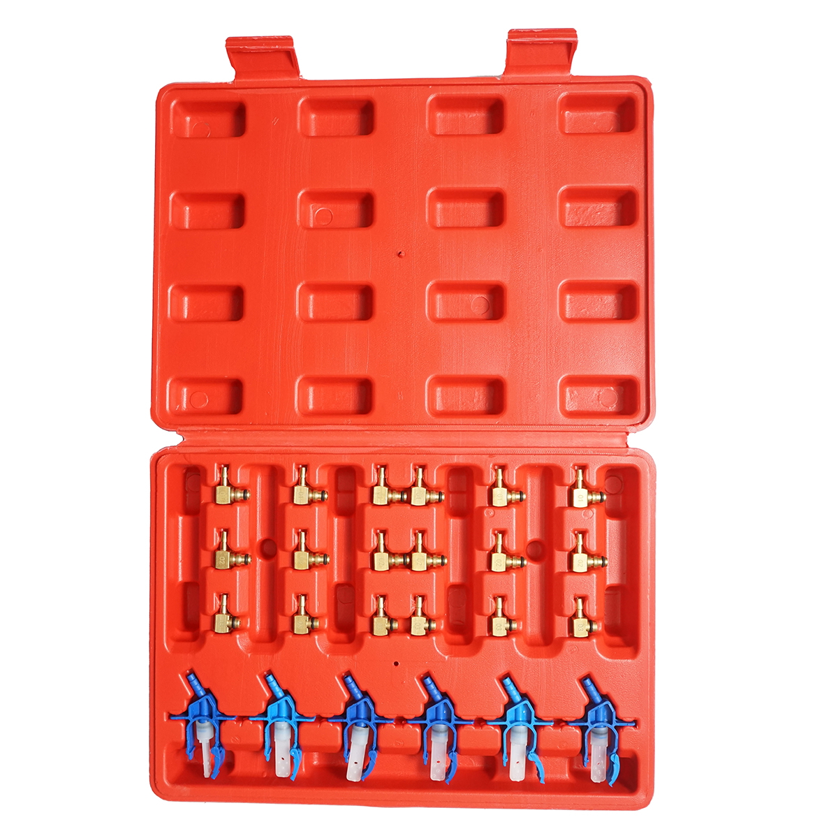 Trusa adaptoare testare, curatare si diagnosticare injectoare benzina MPI 24 piese Breckner Germany, conectori rapizi din alama, adaptoare universale cu clipsuri, in trusa plastic