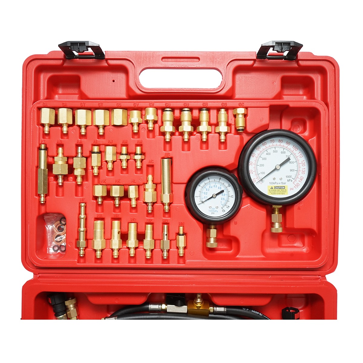 Trusa tester presiune sistem injectie benzina cu 2 manometre si adaptoare universale, Breckner Germany