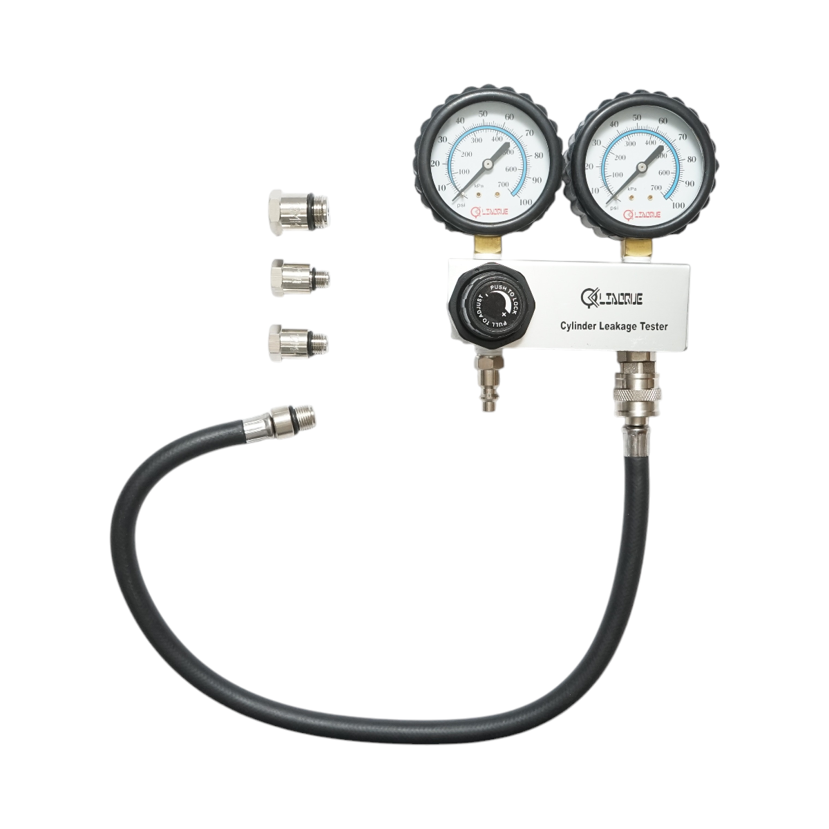 Trusa tester etansare compresie cilindru motor BENZINA Breckner Germany, manometru 0-100 psi, regulator presiune, furtun 600 mm, 3 adaptoare 10/12/18 mm