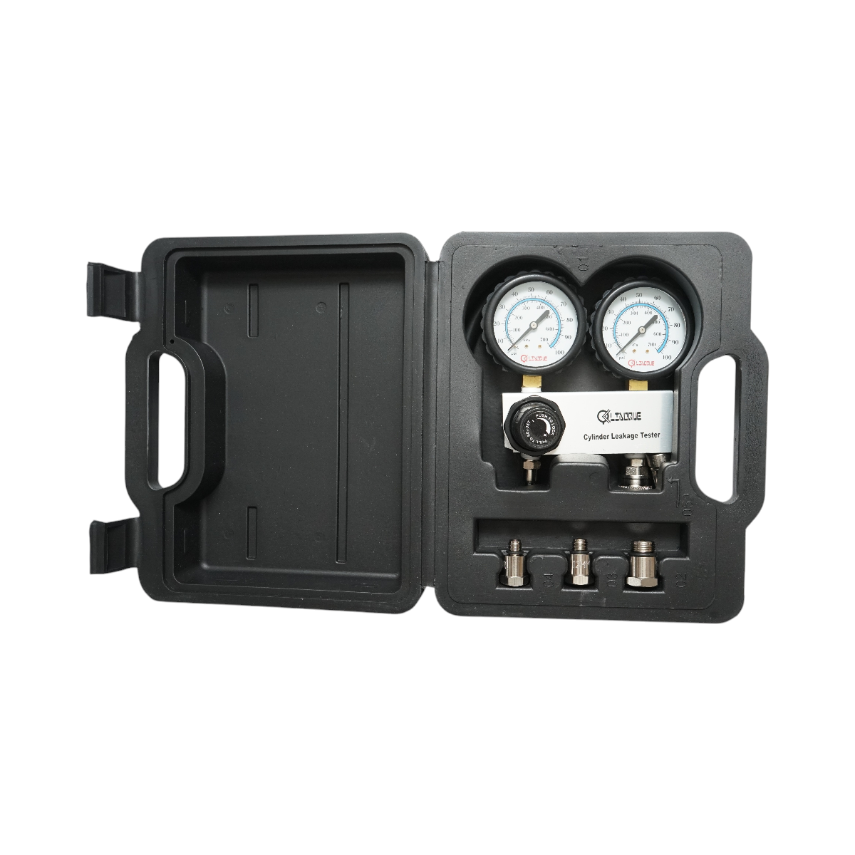 Trusa tester etansare compresie cilindru motor BENZINA Breckner Germany, manometru 0-100 psi, regulator presiune, furtun 600 mm, 3 adaptoare 10/12/18 mm