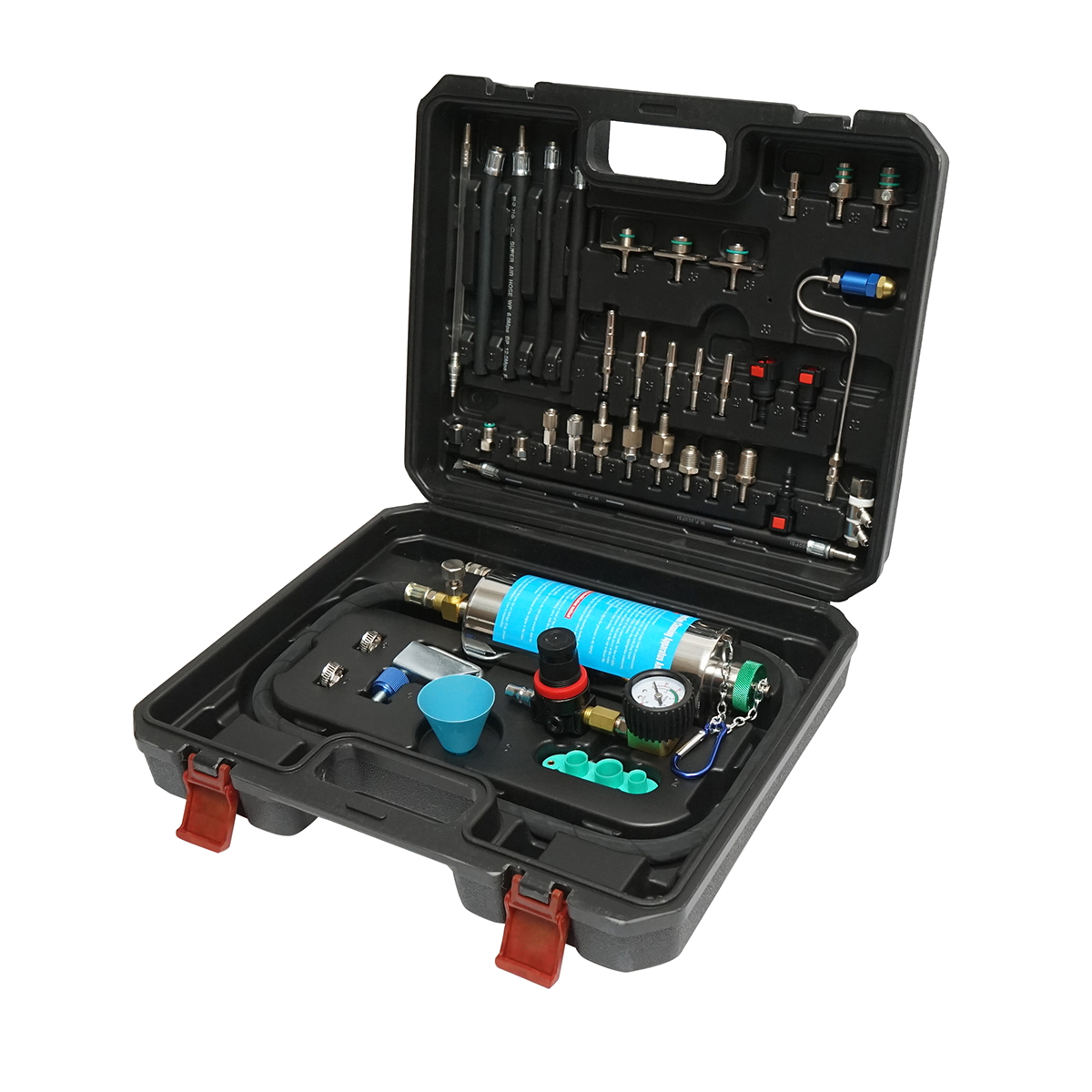 Trusa curatare injectoare benzina prin admisie 39 piese Breckner Germany, adaptoare M8x0.75, 7/16-20 UNF, M12x1.5, M14x1.5, M16x1.5, pentru GM Chrysler BMW Europa Benz VW Audi Mazda Toyota Ford