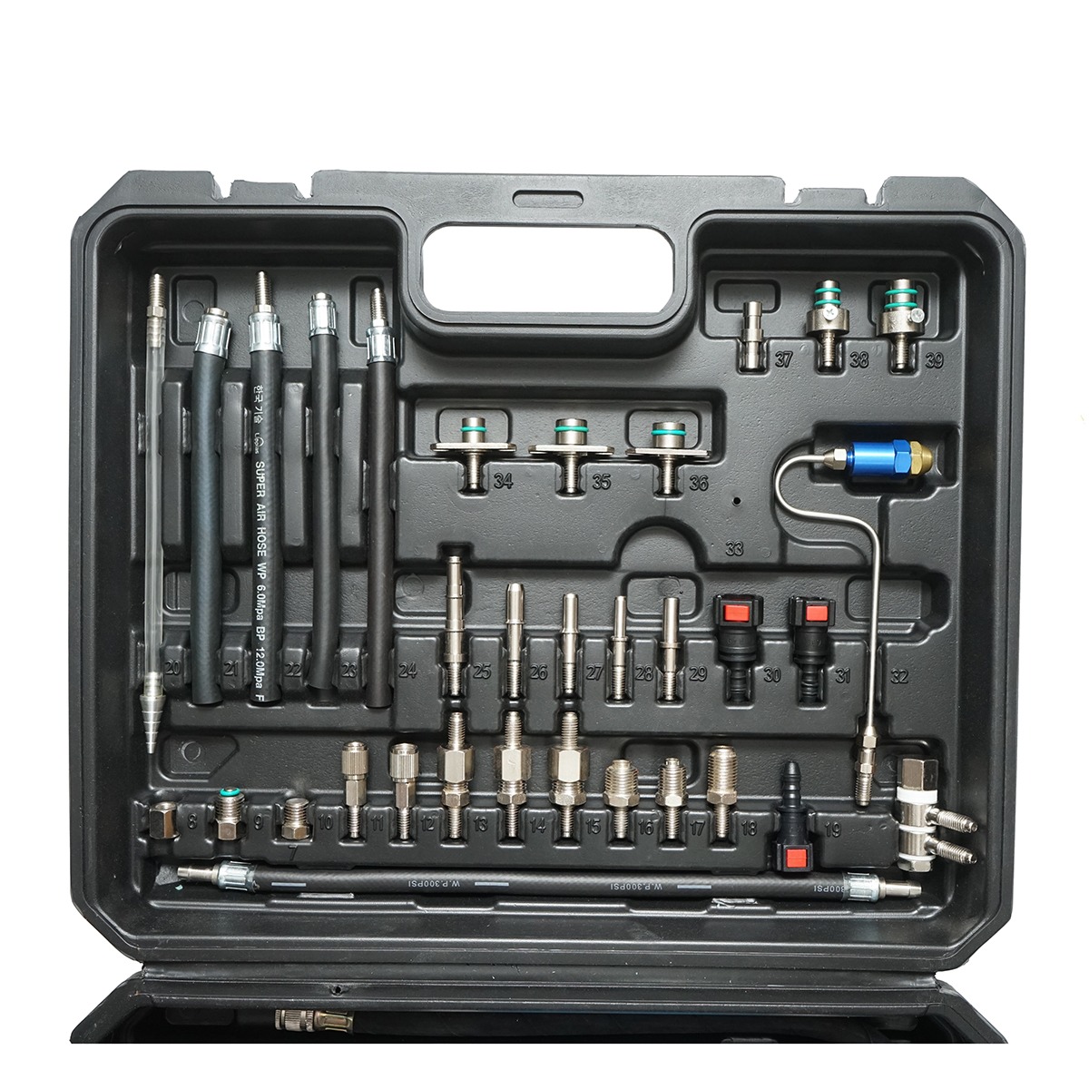 Trusa curatare injectoare benzina prin admisie 39 piese Breckner Germany, adaptoare M8x0.75, 7/16-20 UNF, M12x1.5, M14x1.5, M16x1.5, pentru GM Chrysler BMW Europa Benz VW Audi Mazda Toyota Ford