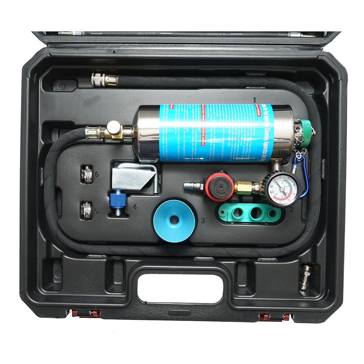 Trusa curatare injectoare benzina prin admisie 39 piese Breckner Germany, adaptoare M8x0.75, 7/16-20 UNF, M12x1.5, M14x1.5, M16x1.5, pentru GM Chrysler BMW Europa Benz VW Audi Mazda Toyota Ford