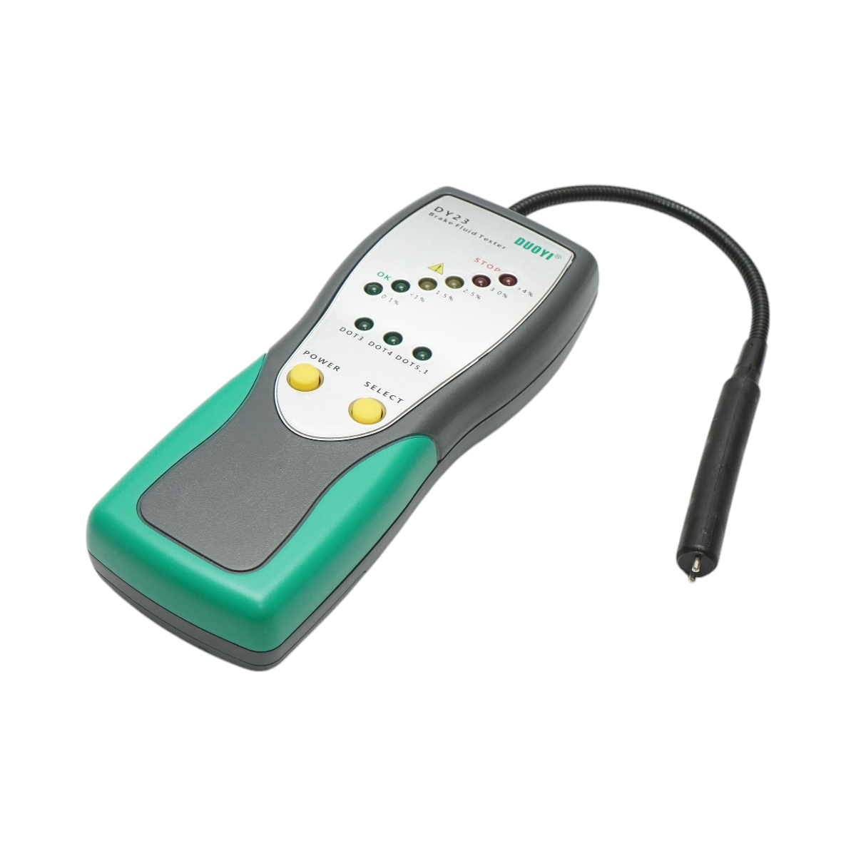 Tester lichid frana Breckner Germany pentru DOT3, DOT4, DOT5.1 cu afisaj LED 6 nivele, sonda flexibila, 2 butoane Power/Select, baterie 9V, oprire automata 6 min