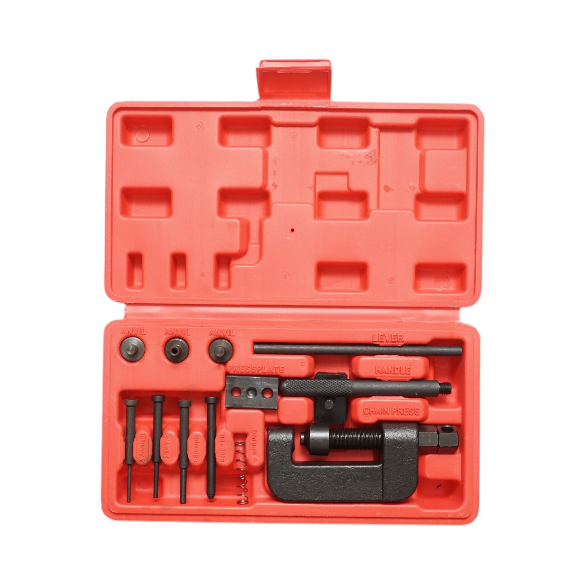 Trusa demontat, nituit, presat lanturi de distributie si transmisie 12 piese Breckner Germany - presa principala, nituitor, suporturi nicovala, pini 2.2mm 2.9mm 3.8mm, arc, tija, maner