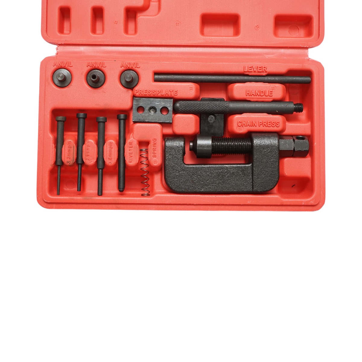 Trusa demontat, nituit, presat lanturi de distributie si transmisie 12 piese Breckner Germany - presa principala, nituitor, suporturi nicovala, pini 2.2mm 2.9mm 3.8mm, arc, tija, maner