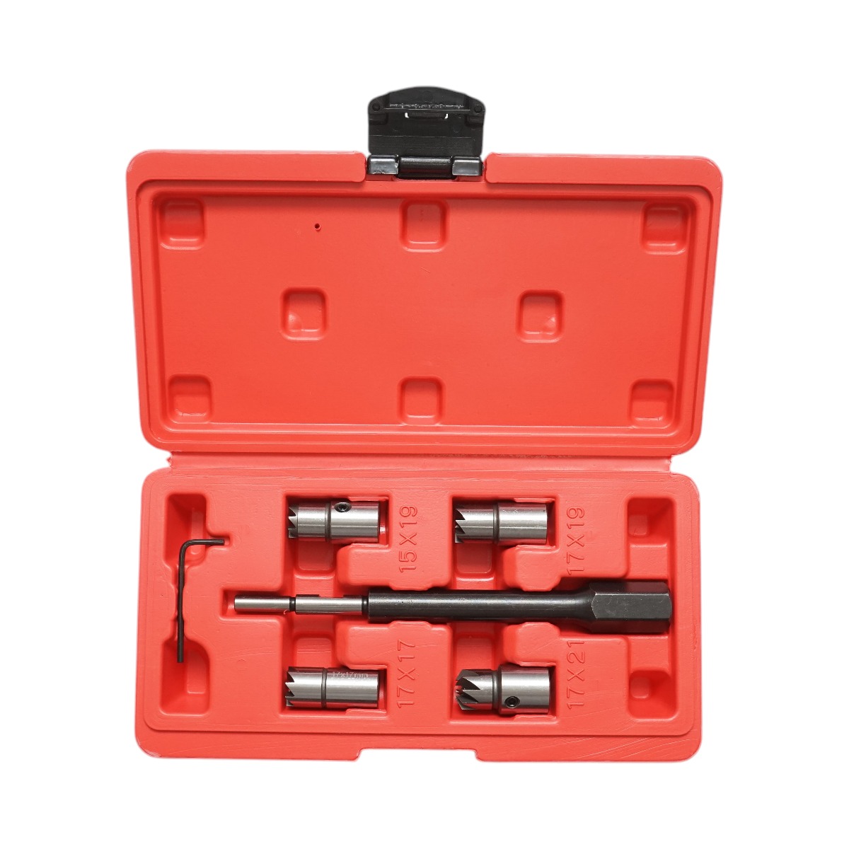 Trusa freze curatare locas injector Breckner Germany, 6 piese: freze 17x17, 15x19, 17x19, 17x21 conica, imbus hexagonal L, adaptor freze