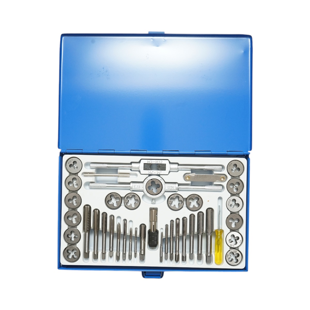 Trusa tarozi si filiere metrice M2-M18, 40 piese Breckner Germany, tarozi M3-M12, suport filiere 25 mm, adapTOR rapid, lama calibratoare, surubelnita, M3-M12 pas 0.5-1.75