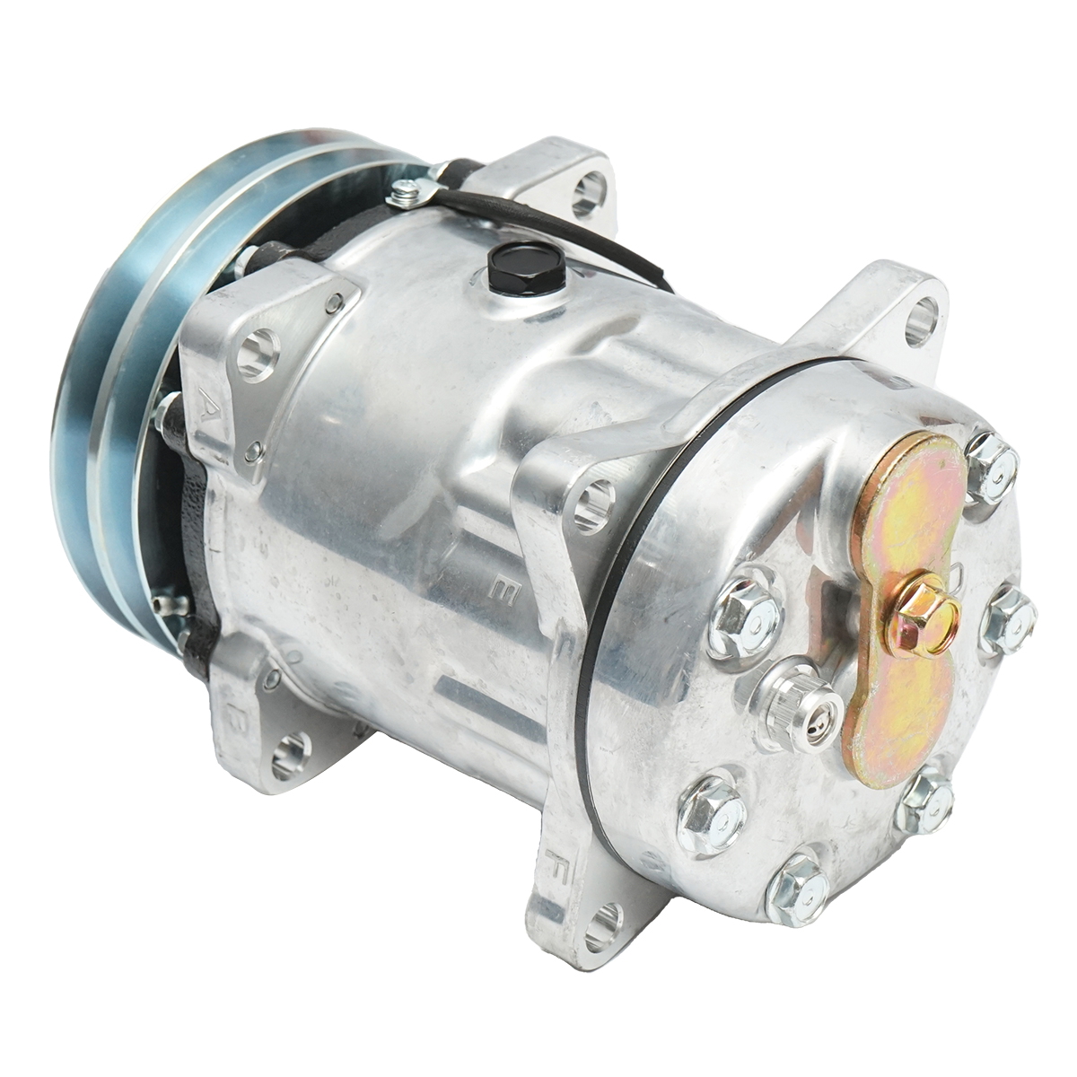 Compresor clima A/C 12V cu fulie 140 mm 2 caneluri pentru Massey Ferguson seria 3000-8200 si Claas Ranger 920-975, cod OEM 3157920, 3159720, 3712528M2, 3782613M2, 3386861M1