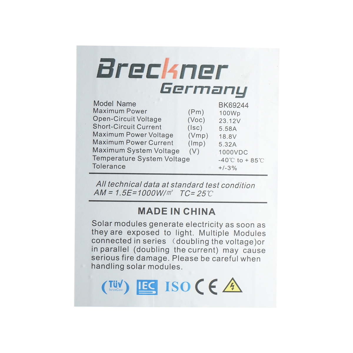 Panou solar fotovoltaic 100W polycristalin 1200x550x30mm Breckner Germany