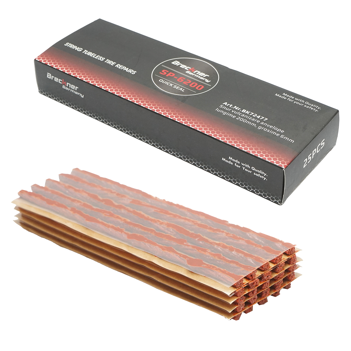 Snur vulcanizare anvelope tubeless 200mm 6mm, 25 buc/cutie, etansare perforatii cuie/suruburi, utilizare cu scula inserare tip T, Breckner Germany