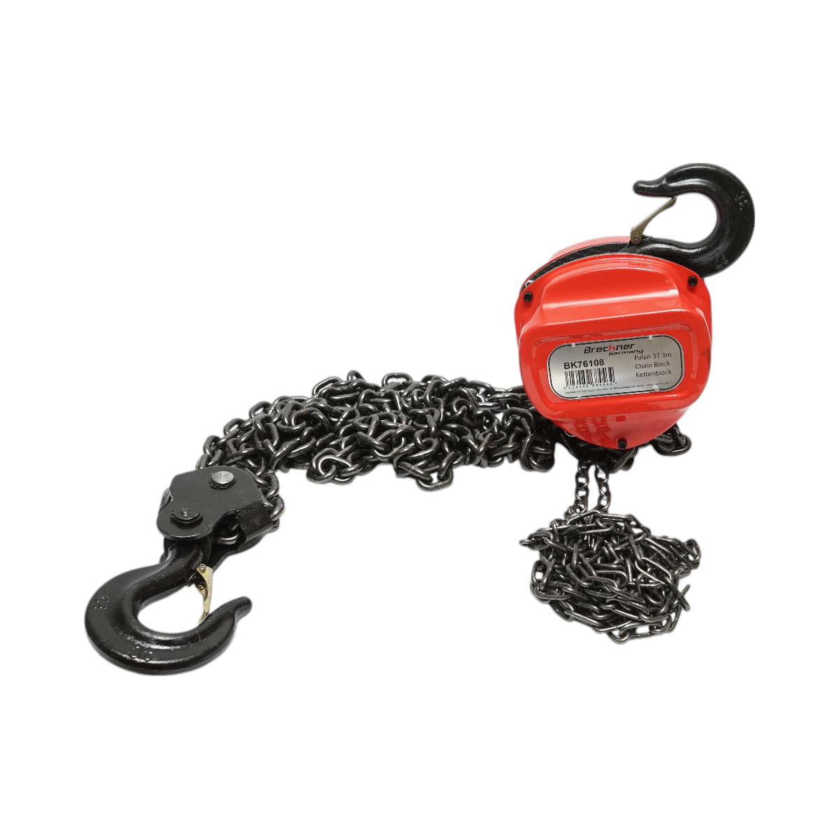 Palan manual cu lant 3 m, sarcina maxima 3000 kg, OTEL, lant G80, carlig cu siguranta, Breckner Germany