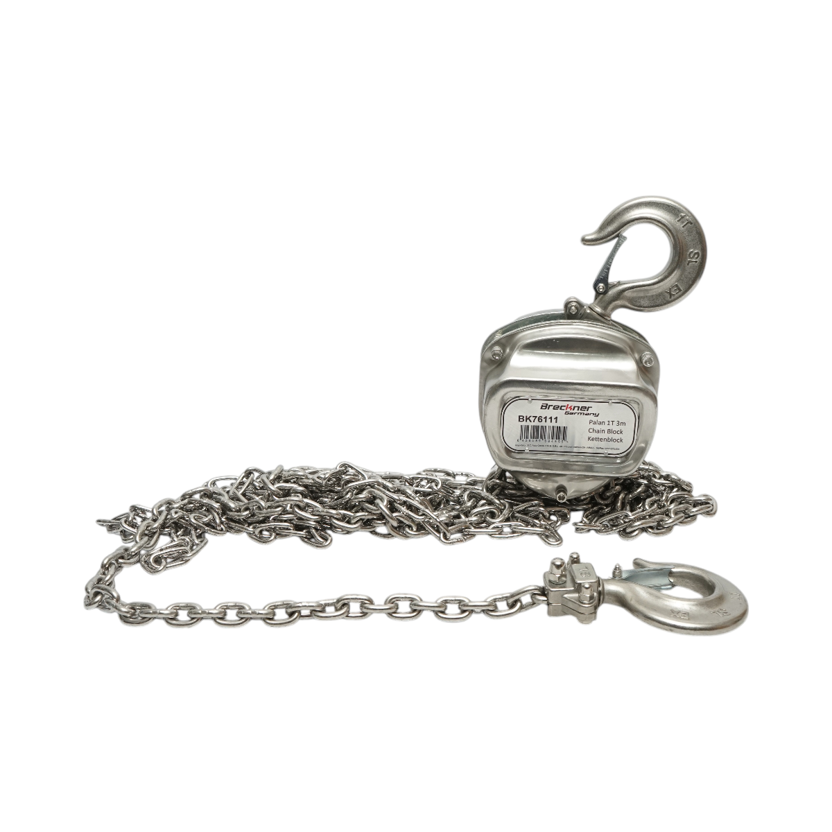 Palan manual inox Breckner Germany cu lant 3 m, sarcina maxima 1000 kg, carlig cu siguranta, lant otel aliat 20Mn2, carlig bronz de aluminiu