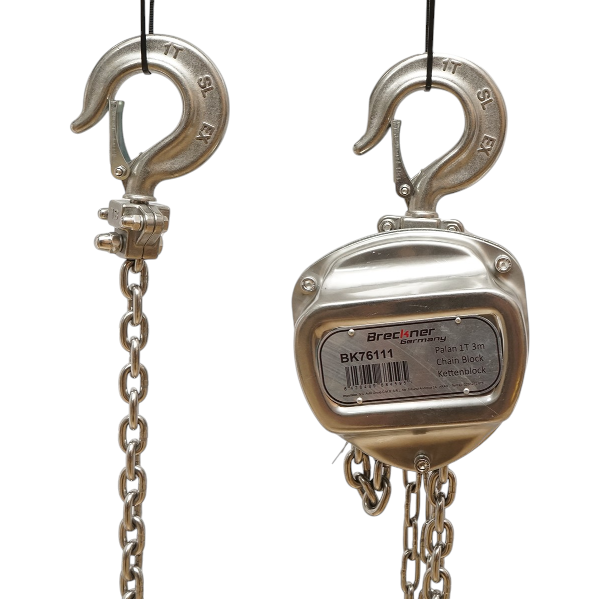 Palan manual inox Breckner Germany cu lant 3 m, sarcina maxima 1000 kg, carlig cu siguranta, lant otel aliat 20Mn2, carlig bronz de aluminiu