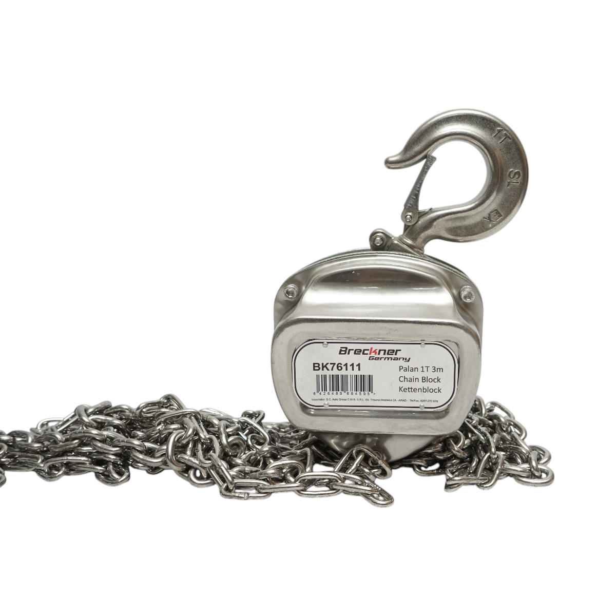 Palan manual inox Breckner Germany cu lant 3 m, sarcina maxima 1000 kg, carlig cu siguranta, lant otel aliat 20Mn2, carlig bronz de aluminiu