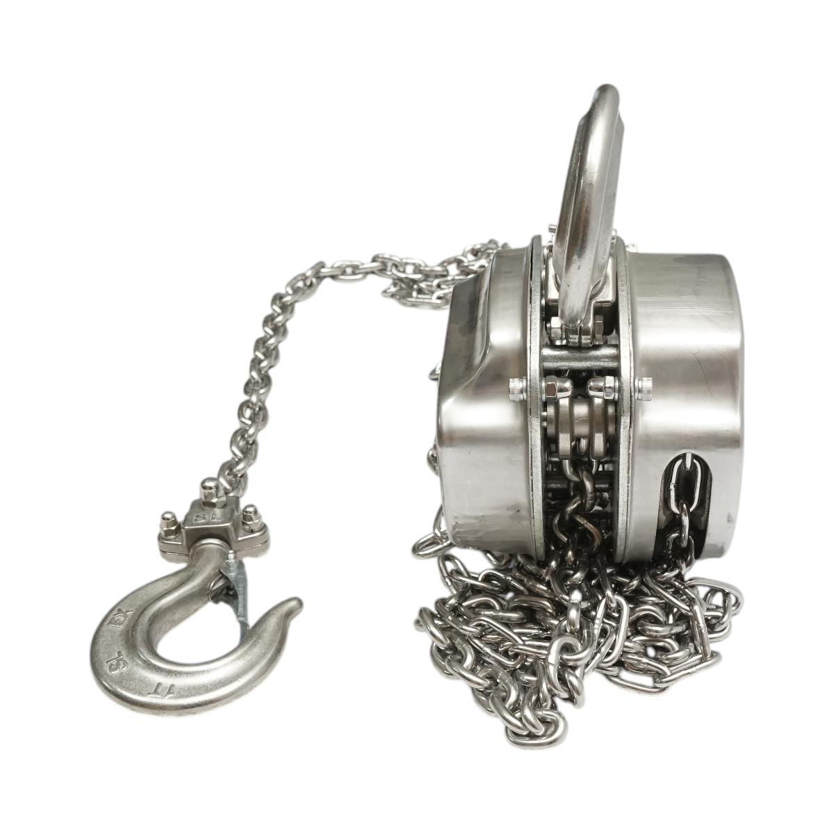 Palan manual inox Breckner Germany cu lant 3 m, sarcina maxima 1000 kg, carlig cu siguranta, lant otel aliat 20Mn2, carlig bronz de aluminiu