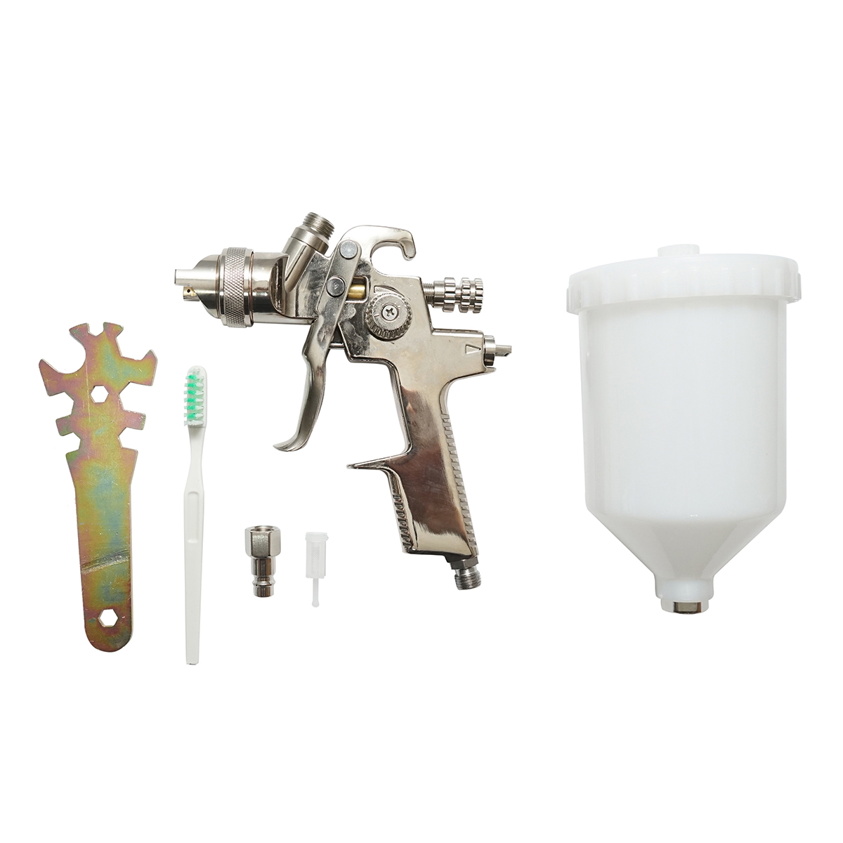 Pistol de vopsit cu aer comprimat, REZERVOR plastic 600 ml, duza 2.5 mm, debit 280-400 ml/min, presiune 2-4 bar, consum aer 280 l/min, latime jet 220-270 mm, racord 1/4