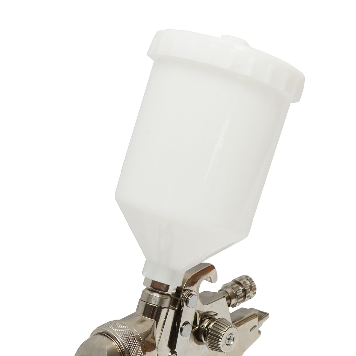 Pistol de vopsit cu aer comprimat, REZERVOR plastic 600 ml, duza 2.5 mm, debit 280-400 ml/min, presiune 2-4 bar, consum aer 280 l/min, latime jet 220-270 mm, racord 1/4