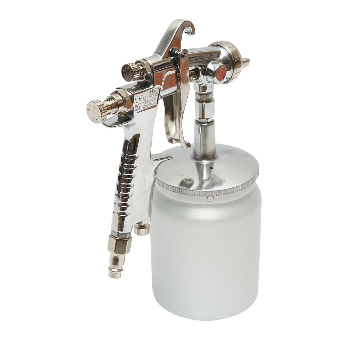 Pistol de vopsit cu aer comprimat HVLP, rezervor 600 ml, duza 1.3 mm, debit 150-190 ml/min, presiune 3-5 bar, consum aer 57-142 l/min, latime pulverizare 24-28 cm, racord 1/4