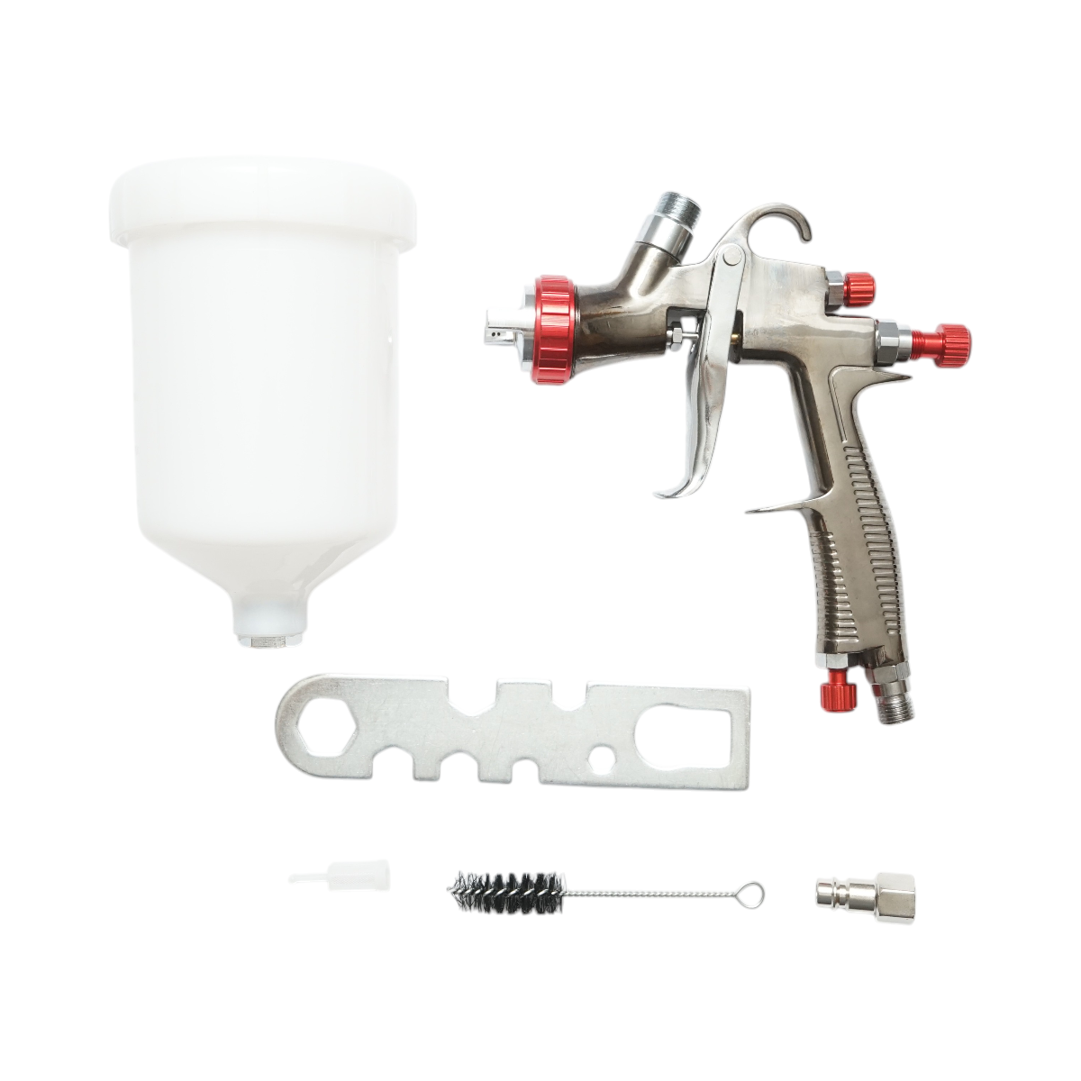 Pistol de vopsit cu aer comprimat profesional, rezervor plastic 600 ml, duza 1.3 mm, debit 130-180 ml/min, presiune 1.5-3 bar, consum aer 127-170 l/min, latime pulverizare 24-28 cm, racord 1/4