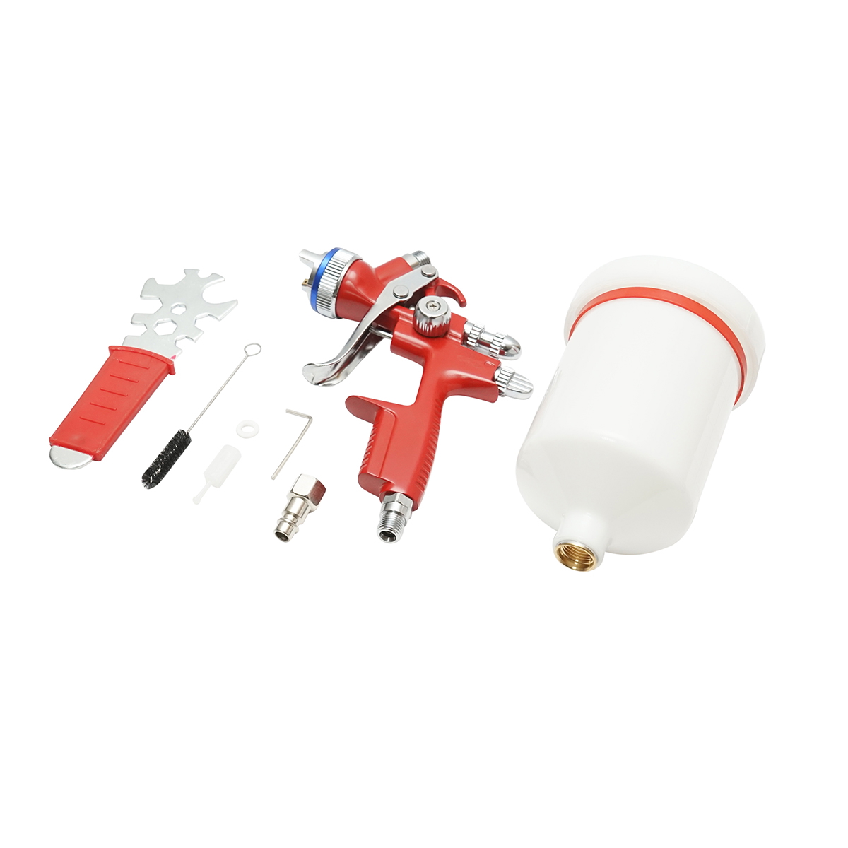 Pistol de vopsit cu aer comprimat, rezervor plastic 500 ml, duza 1.3 mm, debit 140-180 ml/min, presiune 2-4 bar, consum aer 280 l/min, jet 220-270 mm, racord 1/4