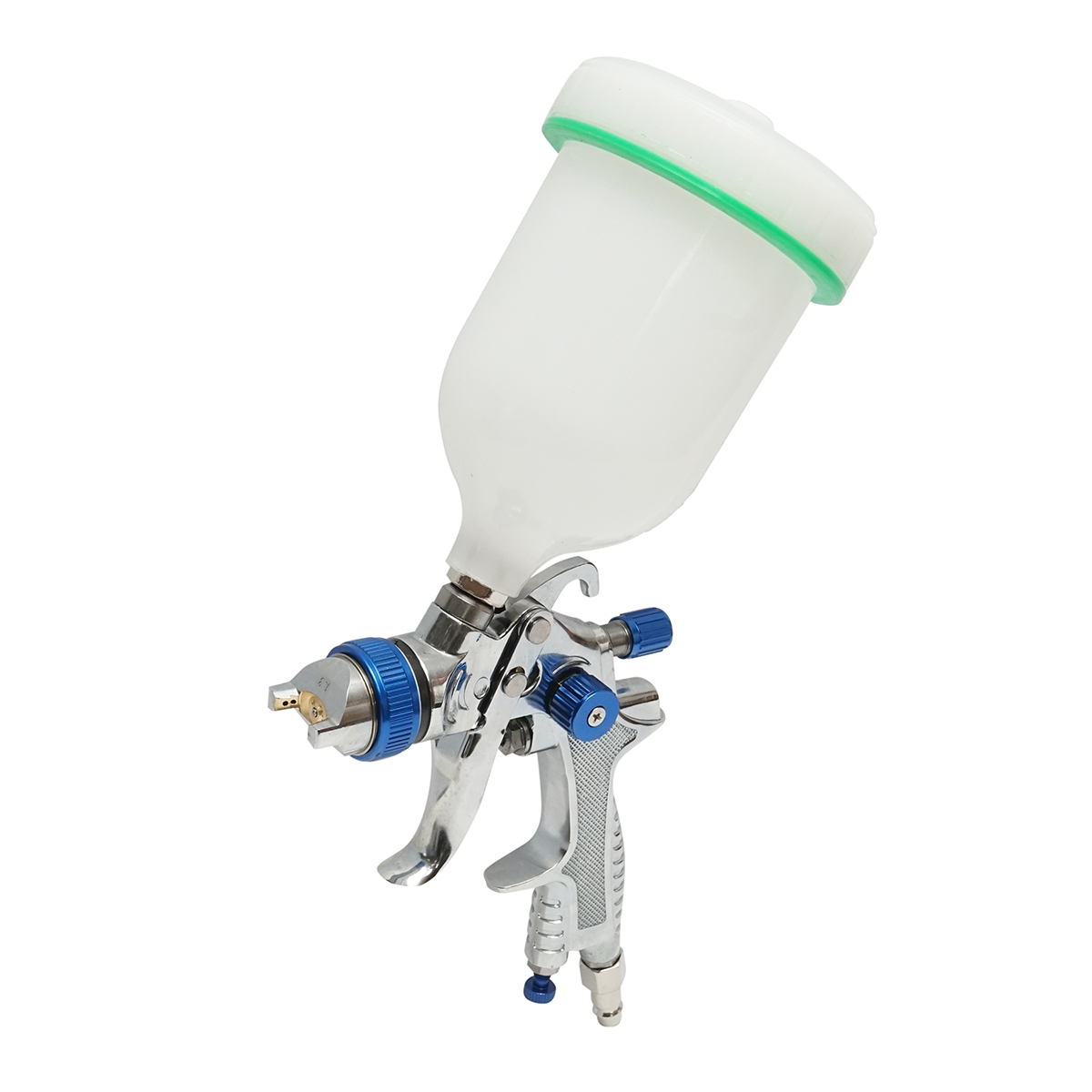 Pistol de vopsit cu aer comprimat, rezervor plastic 500 ml, duza 1.3 mm, debit 130-180 ml/min, presiune 2-3.5 bar, consum aer 113-170 l/min, latime pulverizare 24-28 cm, racord 1/4