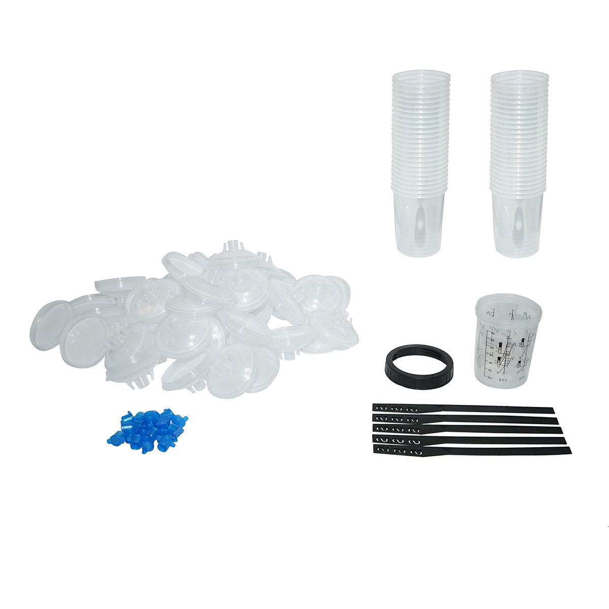 Set 50 pahare mixare vopsea auto 800 ml cu capace filtrante 125 microni, conexiune 16 mm pentru pistol de vopsit + suport rigid reutilizabil, dopuri, inel fixare