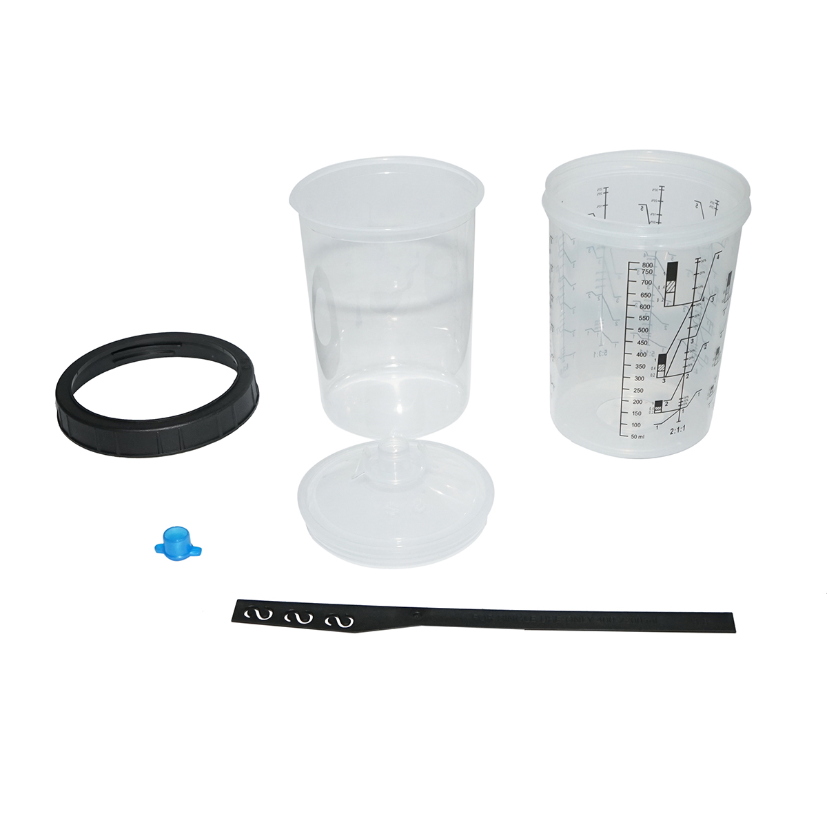 Set 50 pahare mixare vopsea auto 800 ml cu capace filtrante 125 microni, conexiune 16 mm pentru pistol de vopsit + suport rigid reutilizabil, dopuri, inel fixare