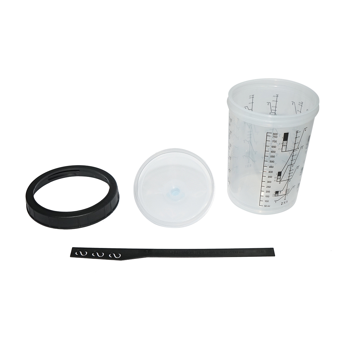 Set 50 pahare mixare vopsea auto 800 ml cu capace filtrante 125 microni, conexiune 16 mm pentru pistol de vopsit + suport rigid reutilizabil, dopuri, inel fixare