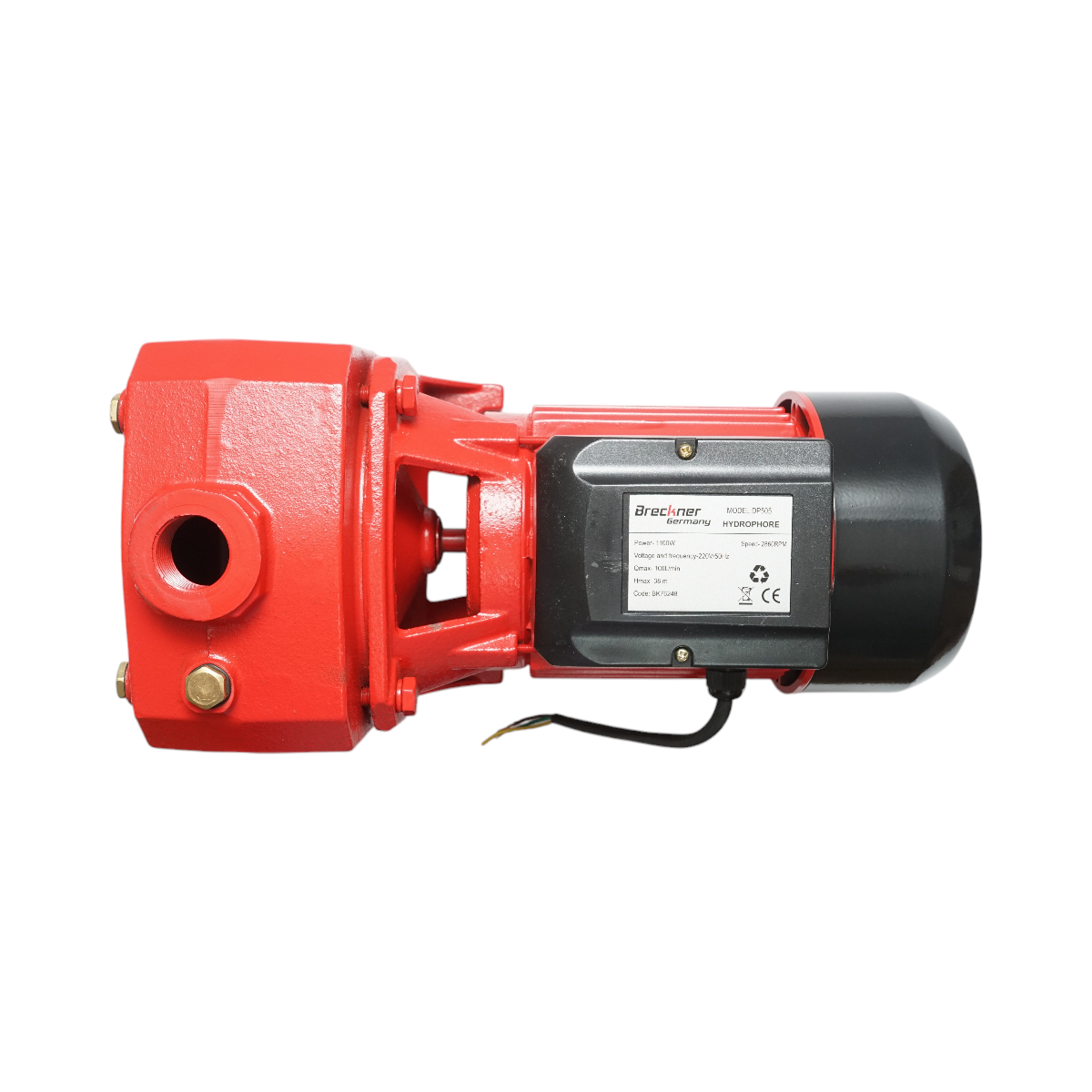 Pompa apa de suprafata autoamorsanta cu ejector Breckner Germany DP505, 1.1 KW, 220 V / 50 Hz, debit 100 l/min, Hmax 38 m, 2860 RPM, racord 1" / 1-1/4", 23.5 kg