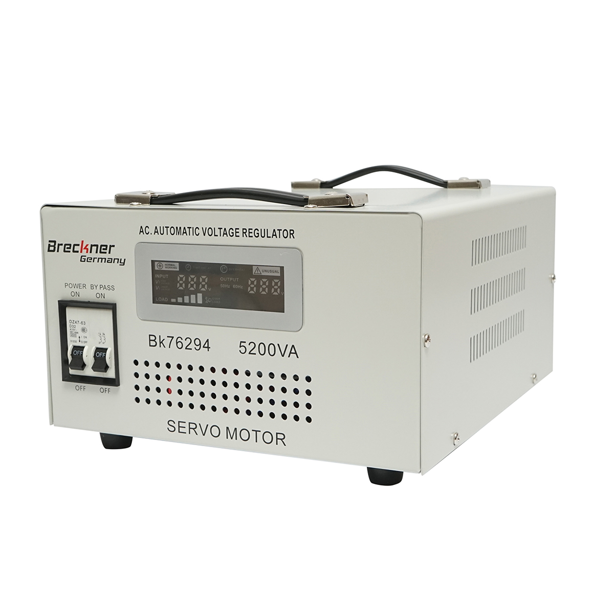 Stabilizator automat de tensiune 5000VA cu servomotor monofazat, 2 prize schuko 230V, afisaj LCD Breckner Germany