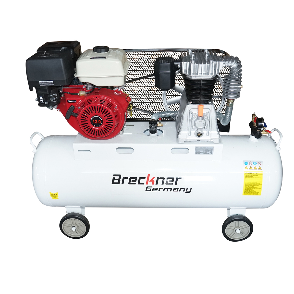 Compresor aer pe curea Breckner Germany V-0.6/8-GAS, butelie 200 L, motor benzina 13 CP 4 timpi, pornire sfoara, presiune 8 bar, 1050 r/min, 600 l/min aspirat, 515 l/min refulat, cilindru 90 mm x2