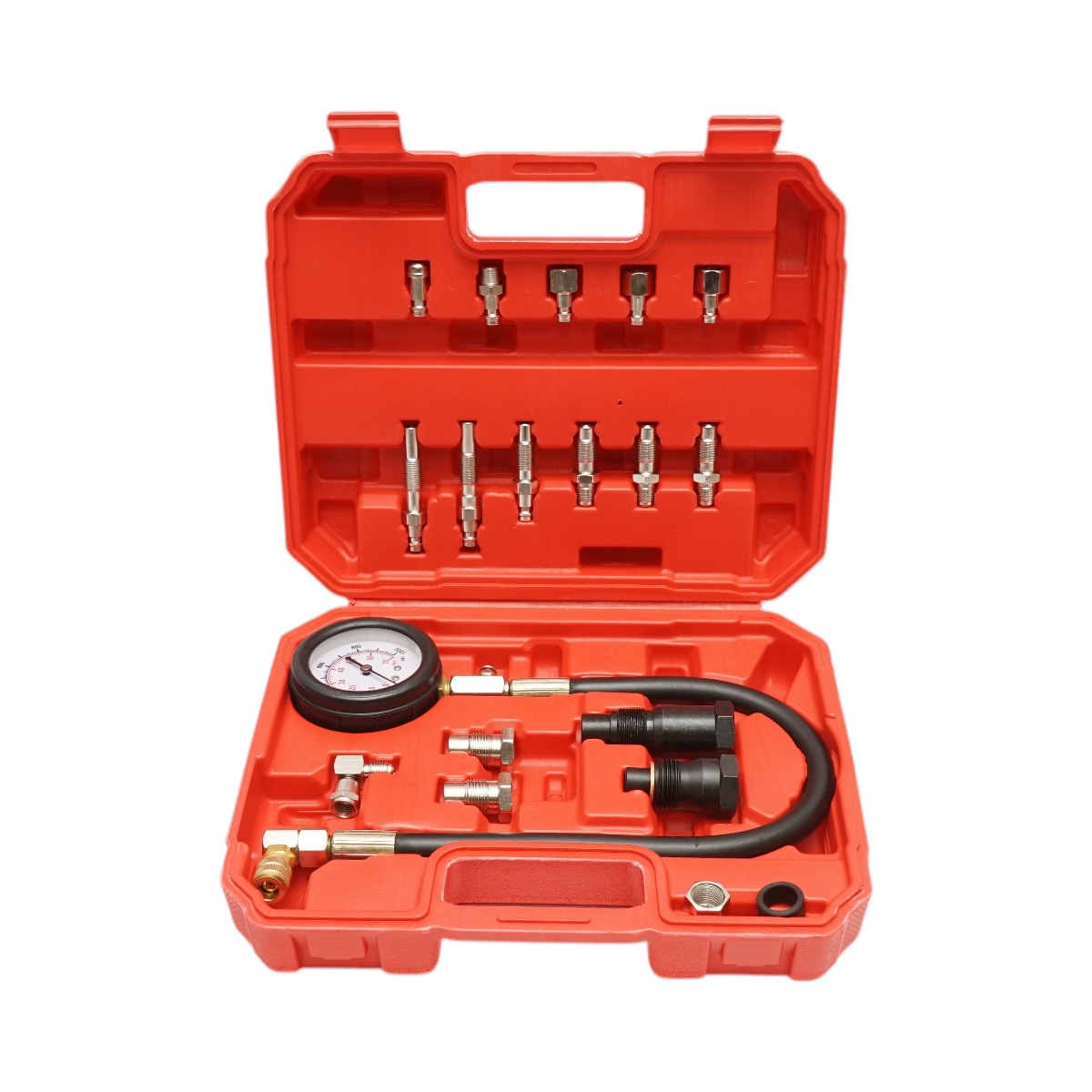 Trusa tester compresie motoare diesel 19 piese, manometru mecanic 0-70 bar / 0-1000 PSI, furtun 400 mm, adaptoare M10x1/M10x1.25/M12x1.25/M18x1.5/M24x2.0/M24x1.5 + cuple rapide
