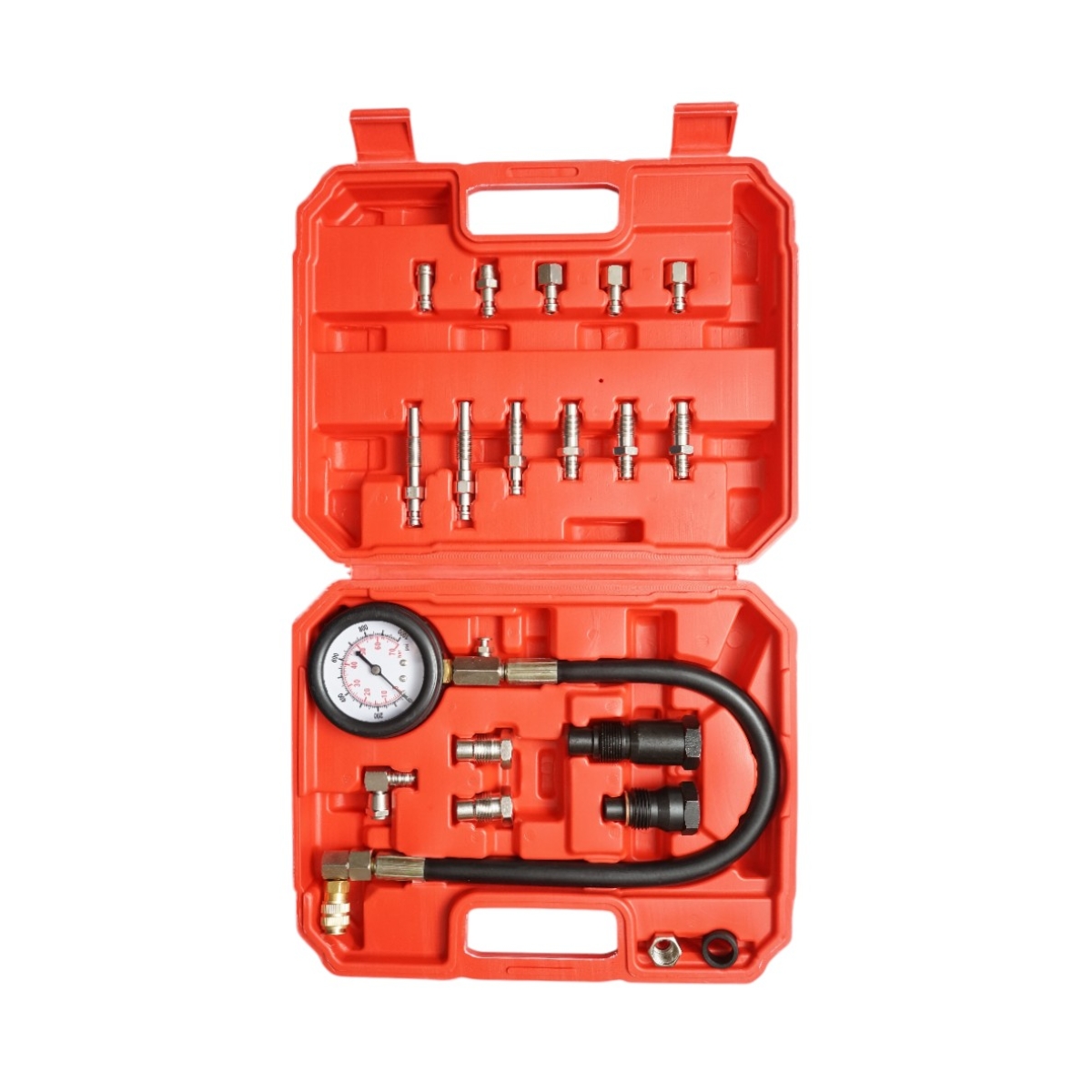 Trusa tester compresie motoare diesel 19 piese, manometru mecanic 0-70 bar / 0-1000 PSI, furtun 400 mm, adaptoare M10x1/M10x1.25/M12x1.25/M18x1.5/M24x2.0/M24x1.5 + cuple rapide