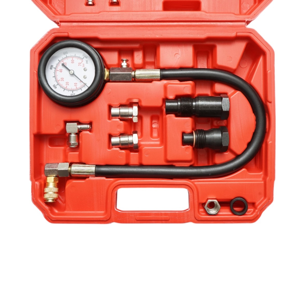 Trusa tester compresie motoare diesel 19 piese, manometru mecanic 0-70 bar / 0-1000 PSI, furtun 400 mm, adaptoare M10x1/M10x1.25/M12x1.25/M18x1.5/M24x2.0/M24x1.5 + cuple rapide